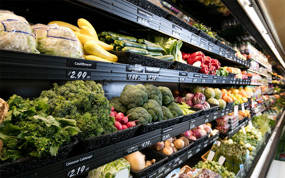 Supermarket produce aisle shelves
