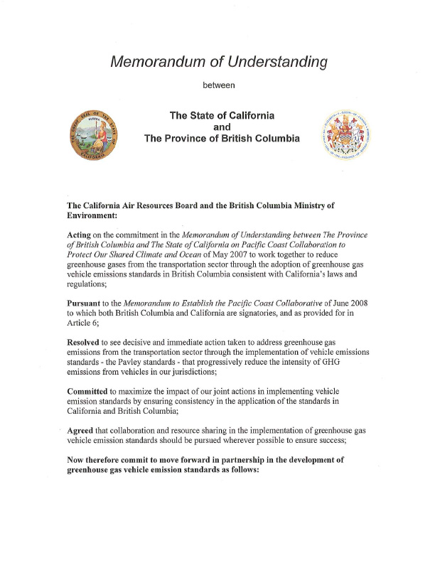 Cover of Memorandum of Understanding Between the State of California and Province of British Columbia on Vehicle Emissions