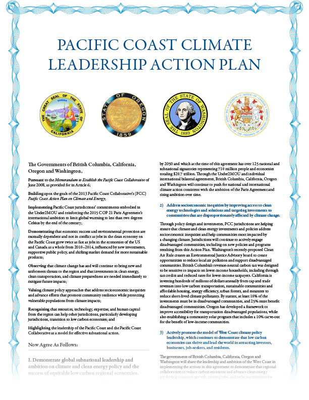 Cover of Pacific Coast Climate Leadership Action Plan 2016