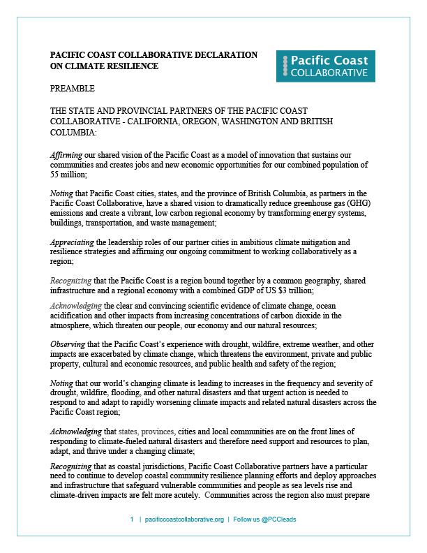 Cover of Pacific Coast Collaborative Declaration on Climate Resilience