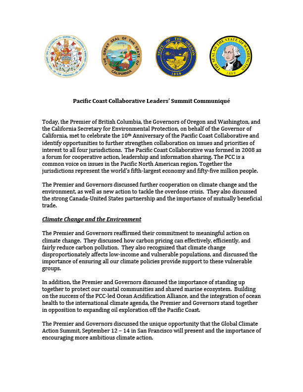 Cover of Pacific Coast Collaborative Leaders Summit Communique 2018